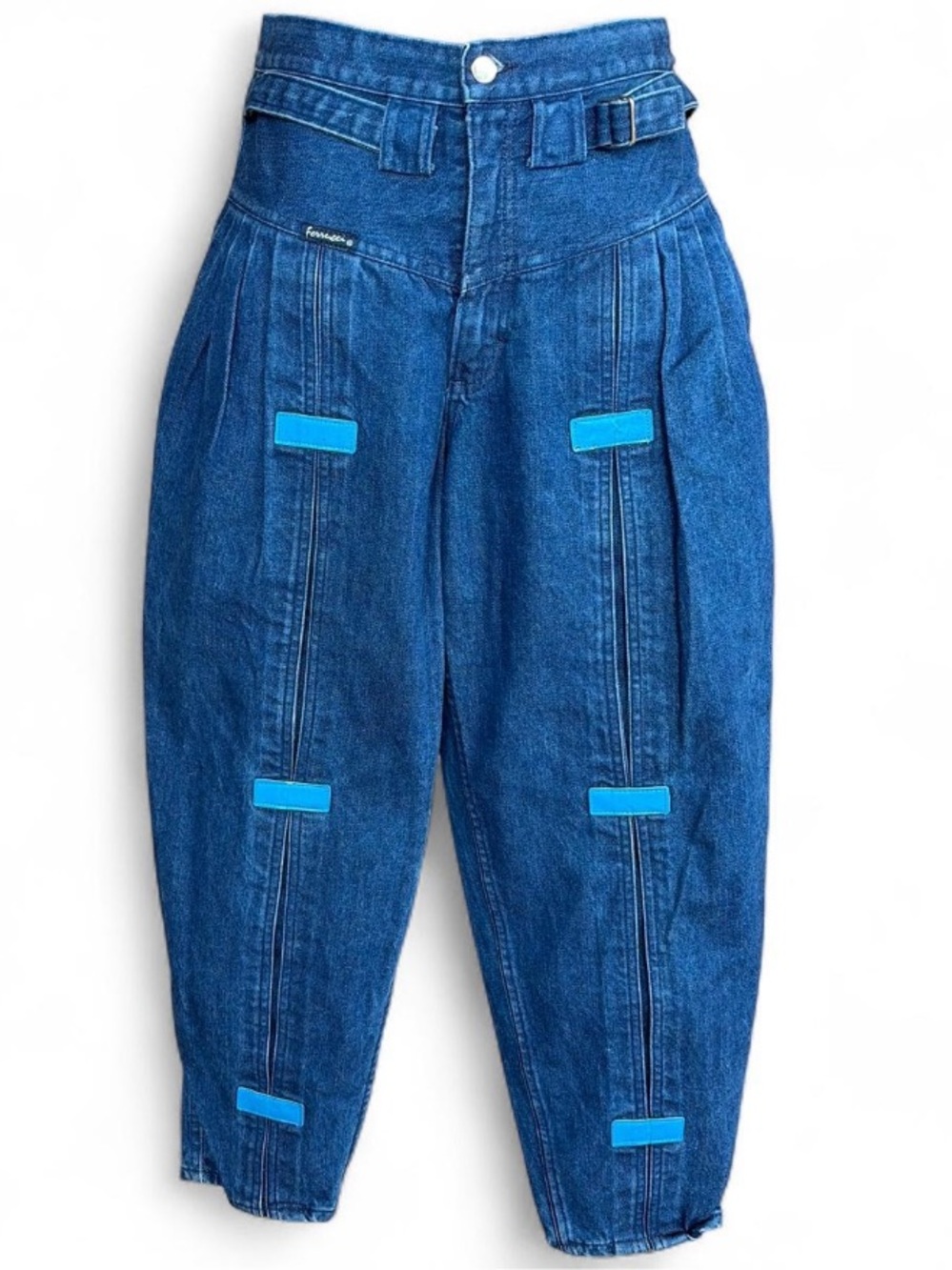 Vintage 90s High-Waist Blue Denim Tapered Jeans with Turquoise Accents